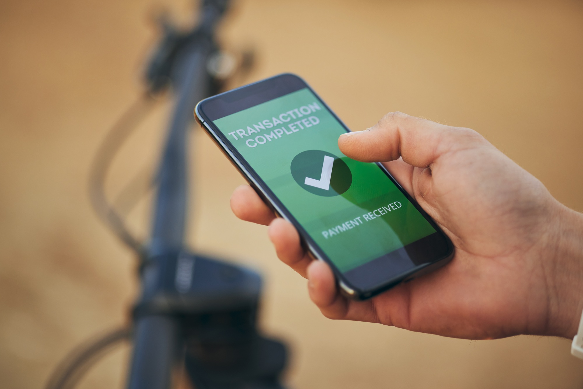 Hands, phone screen and payment notification for transaction, ecommerce or banking outdoor. Fintech