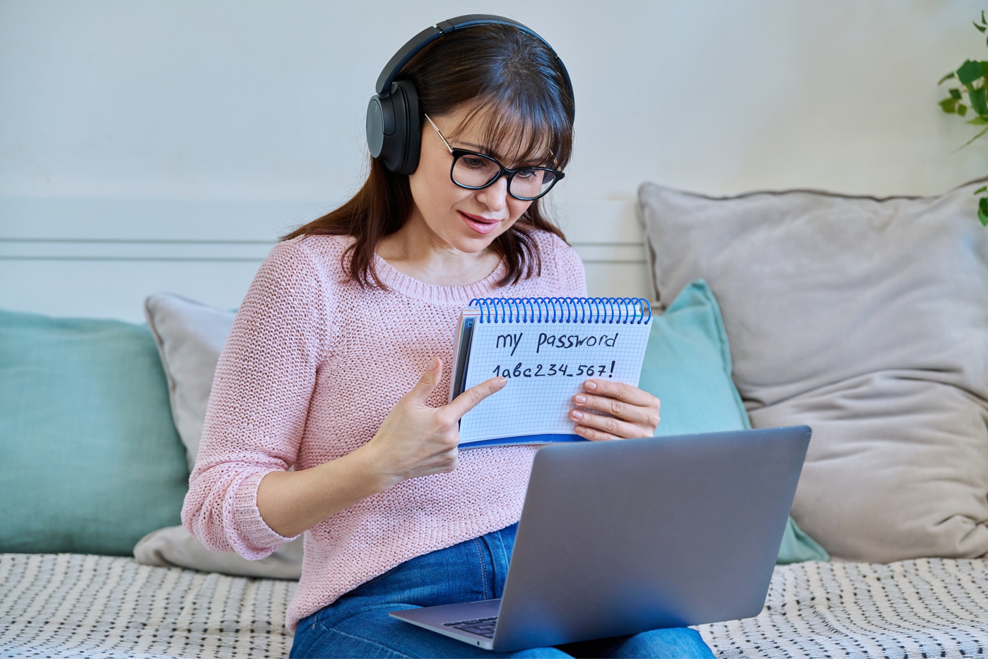 Middle-aged woman user typing password on laptop